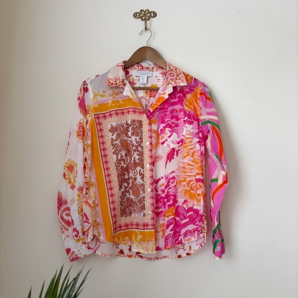 Calypso St. Barth Tops - Calypso St. Barth Vibrant Mixed Print Button Up Shirt Small Resortwear